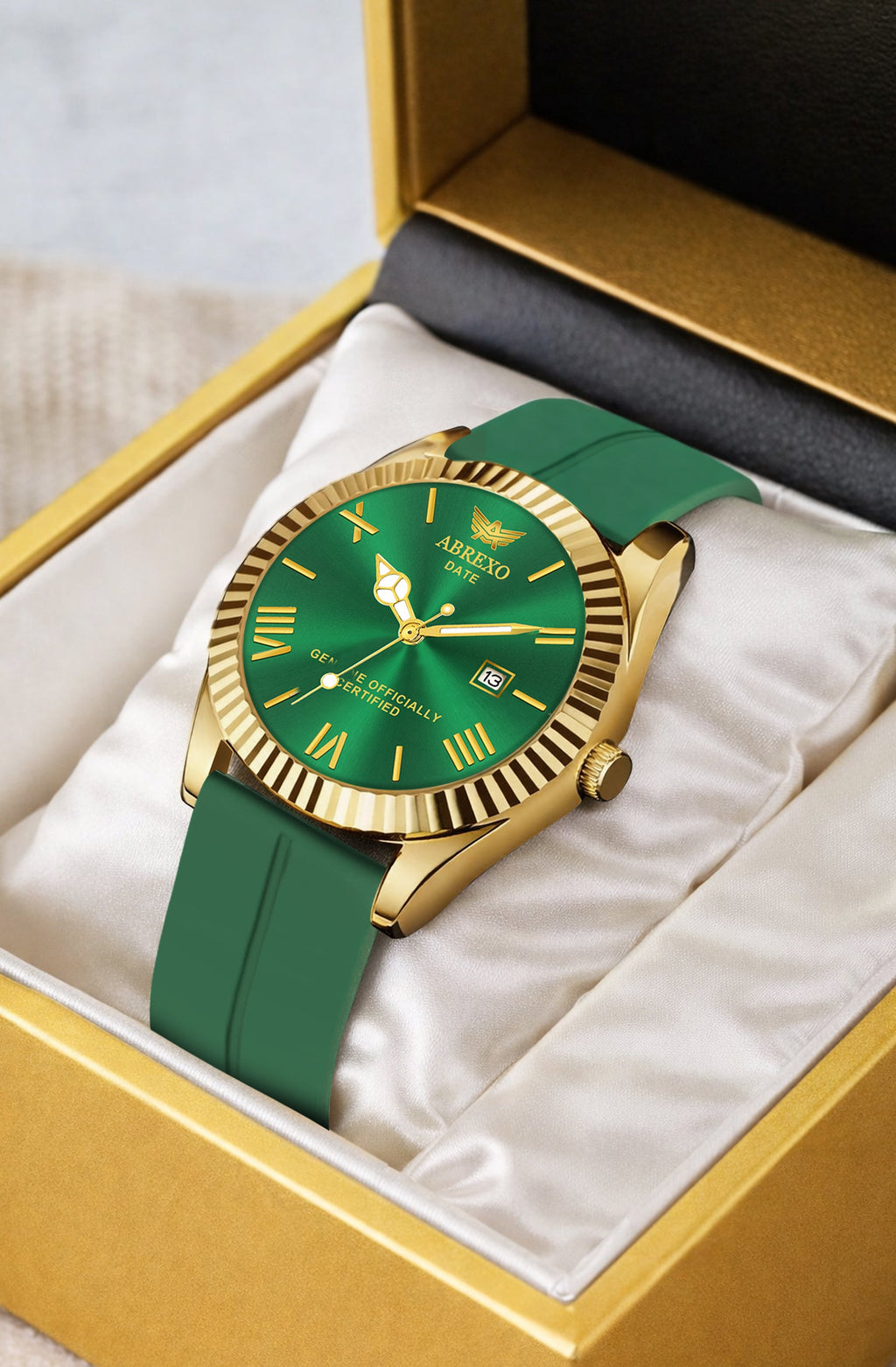 ABREXO, TYCOON Series Date Working Analog Watch For Men (Quartz, Magnet Strap, Green, Gold)