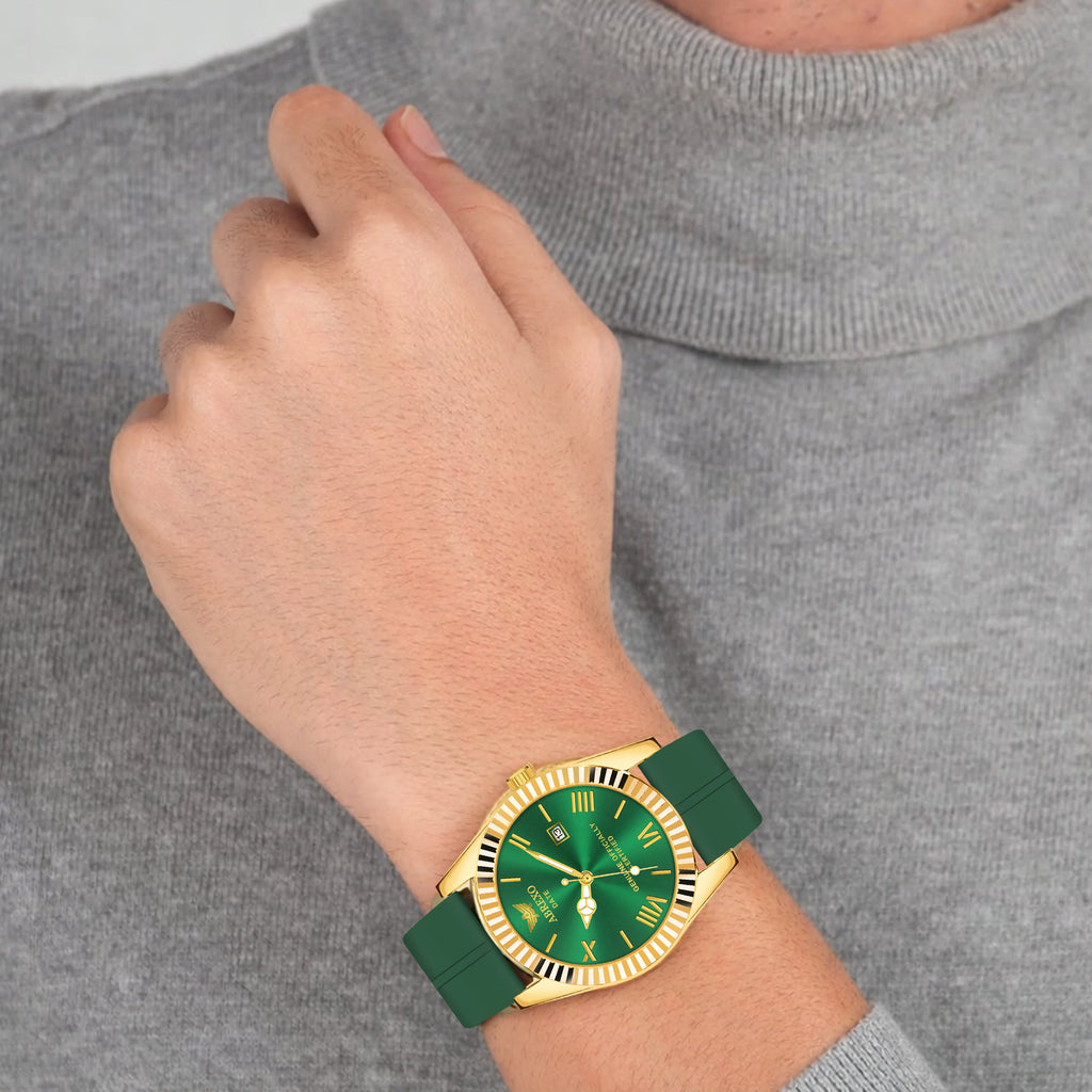 ABREXO, TYCOON Series Date Working Analog Watch For Men (Quartz, Magnet Strap, Green, Gold)