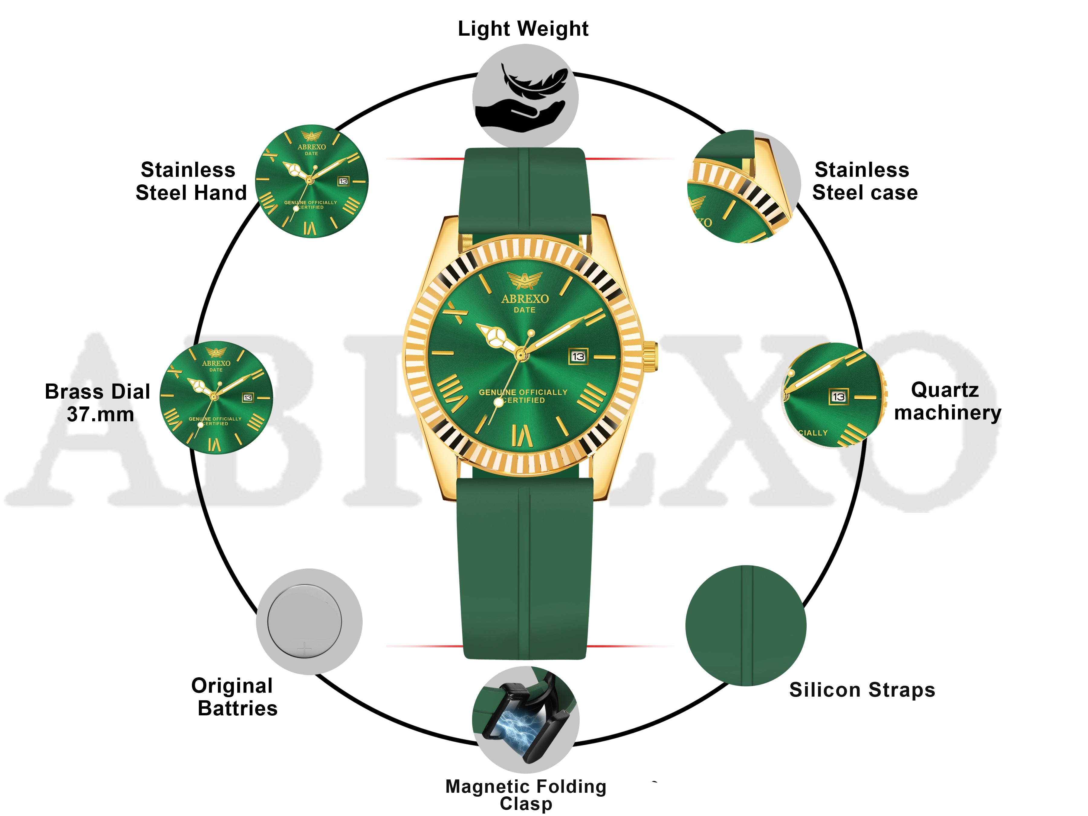 ABREXO, TYCOON Series Date Working Analog Watch For Men (Quartz, Magnet Strap, Green, Gold)