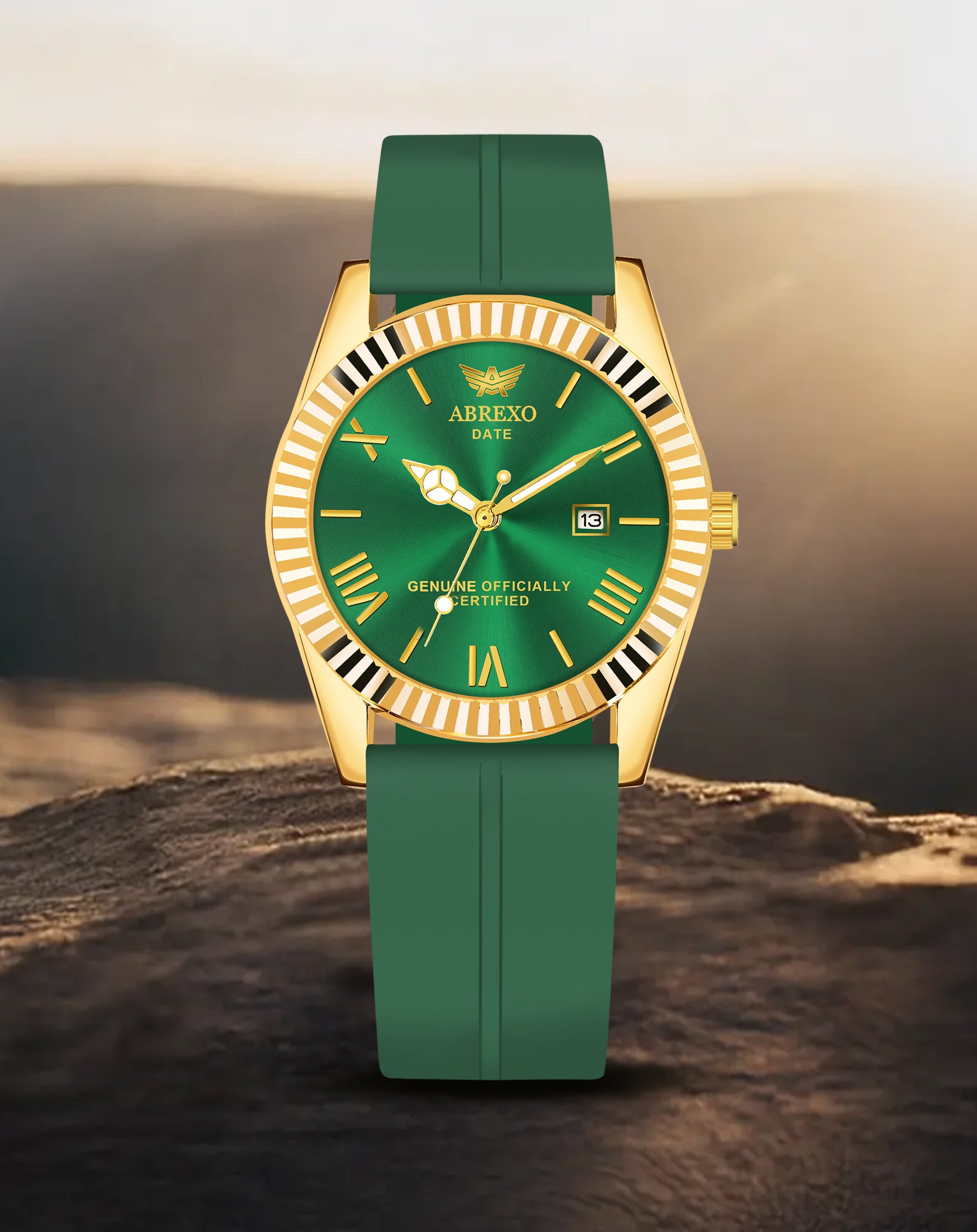 ABREXO, TYCOON Series Date Working Analog Watch For Men (Quartz, Magnet Strap, Green, Gold)