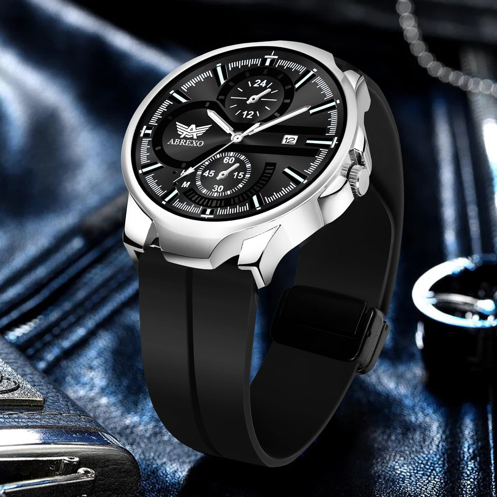 ABREXO, Black Dial Black Magnet Strap Analog Watch For Men (Quartz, Date Display, Men)