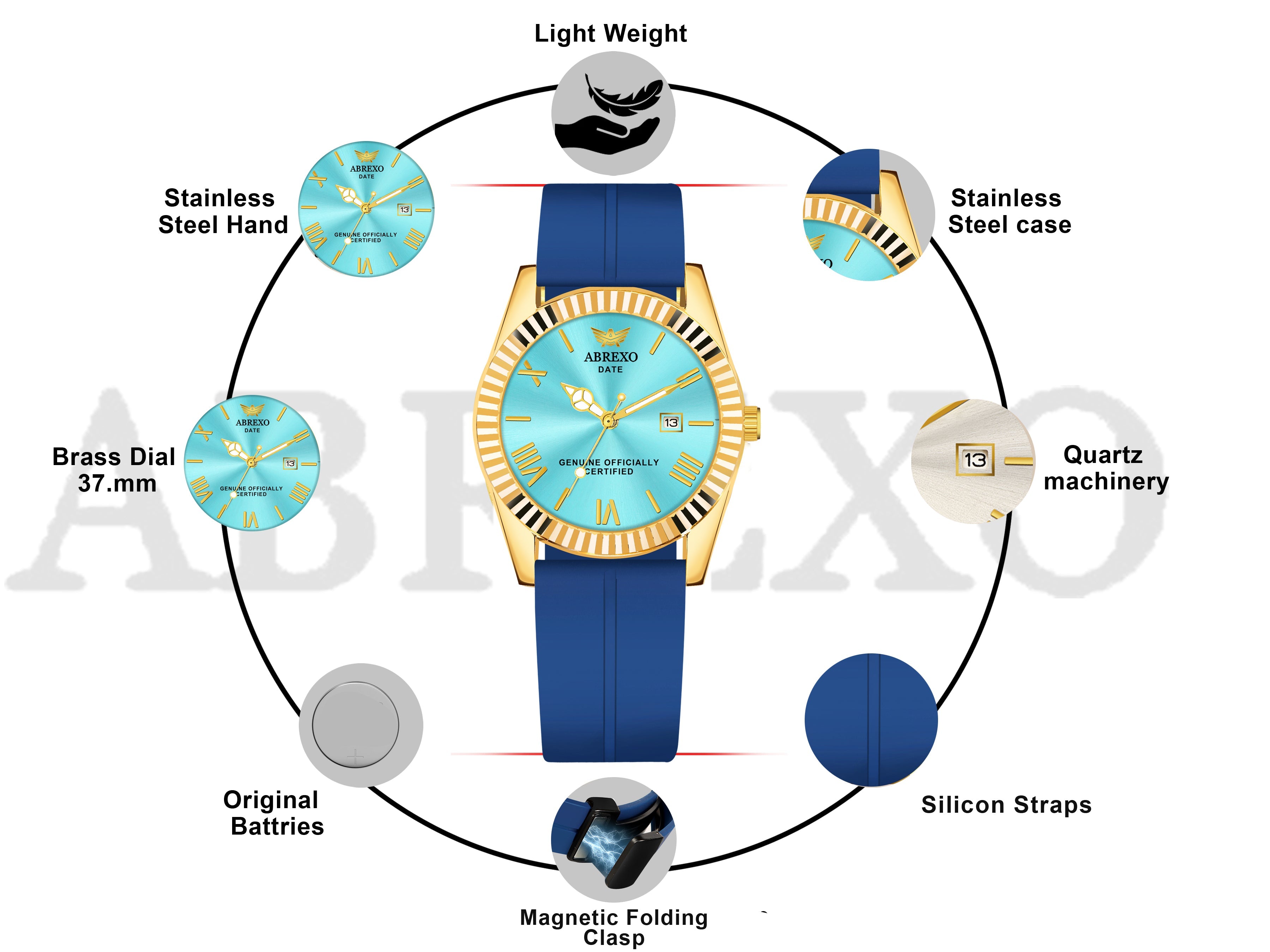 ABREXO, TYCOON Series Date Working Analog Watch For Men (Quartz, Magnet Strap, Green, Gold)