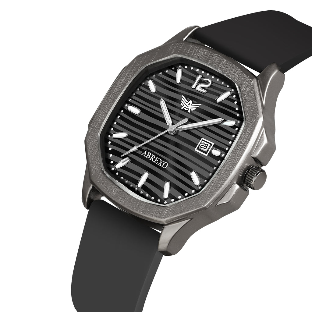 ABREXO Gun Metal Series Analog Watch For Men (Quartz, Silicone Strap, Black)