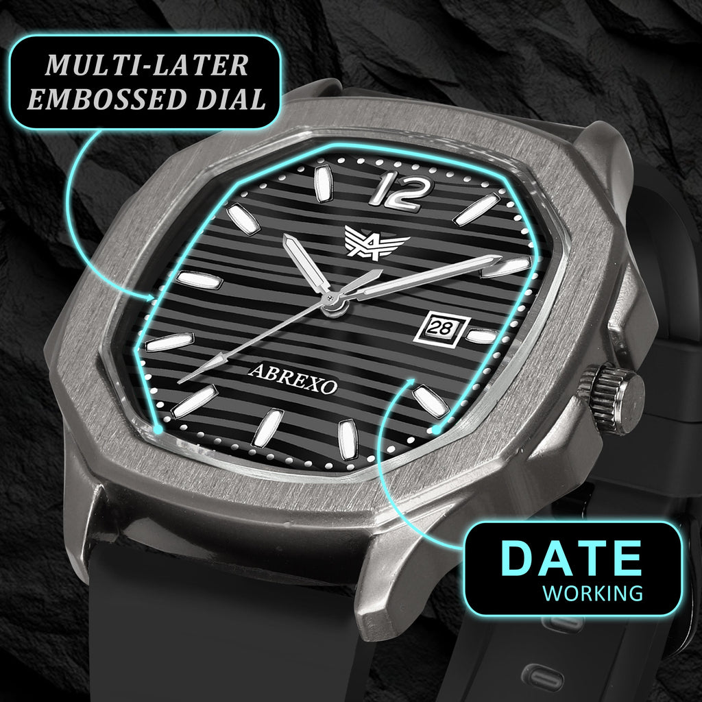 ABREXO Gun Metal Series Analog Watch For Men (Quartz, Silicone Strap, Black)