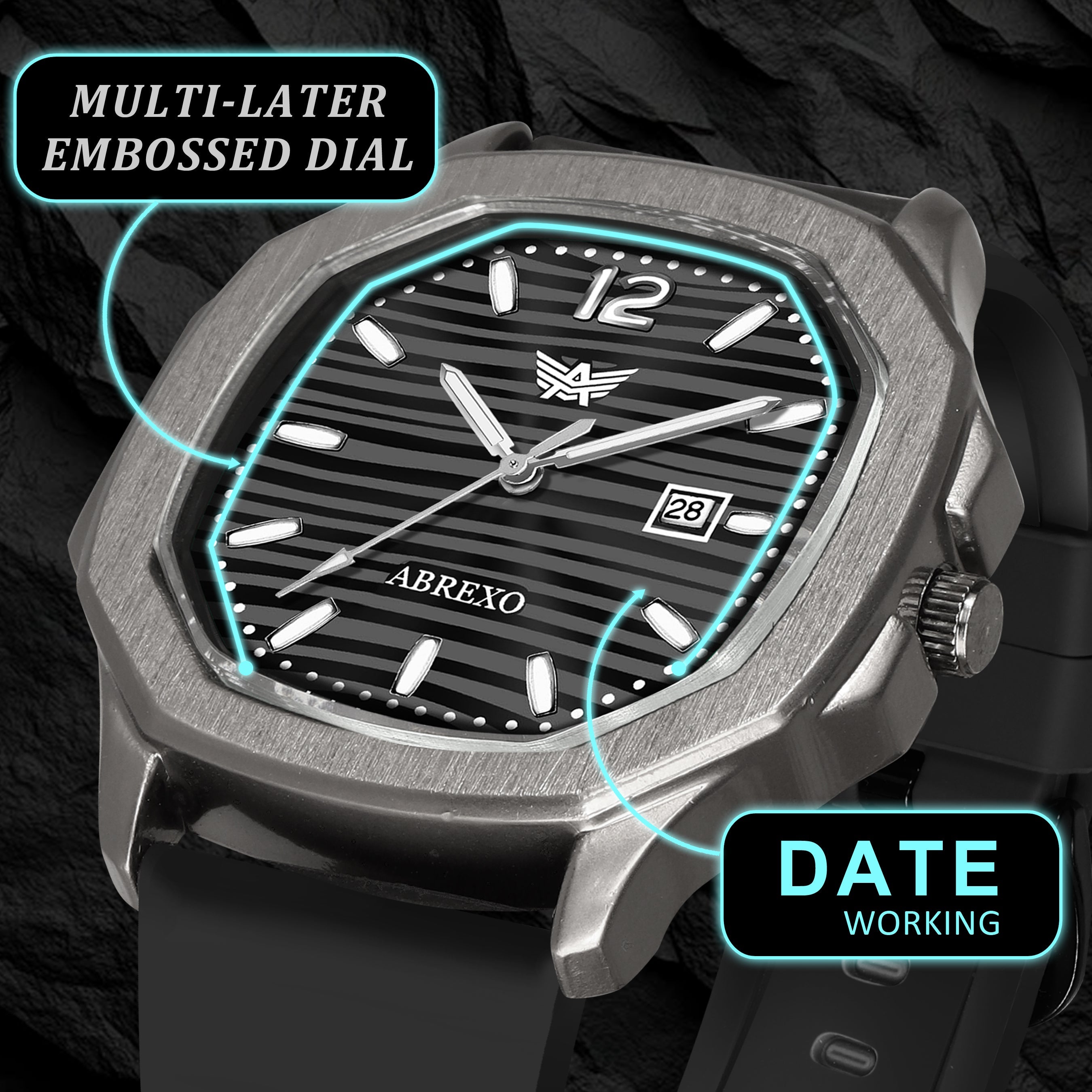 ABREXO Gun Metal Series Analog Watch For Men (Quartz, Silicone Strap, Black)