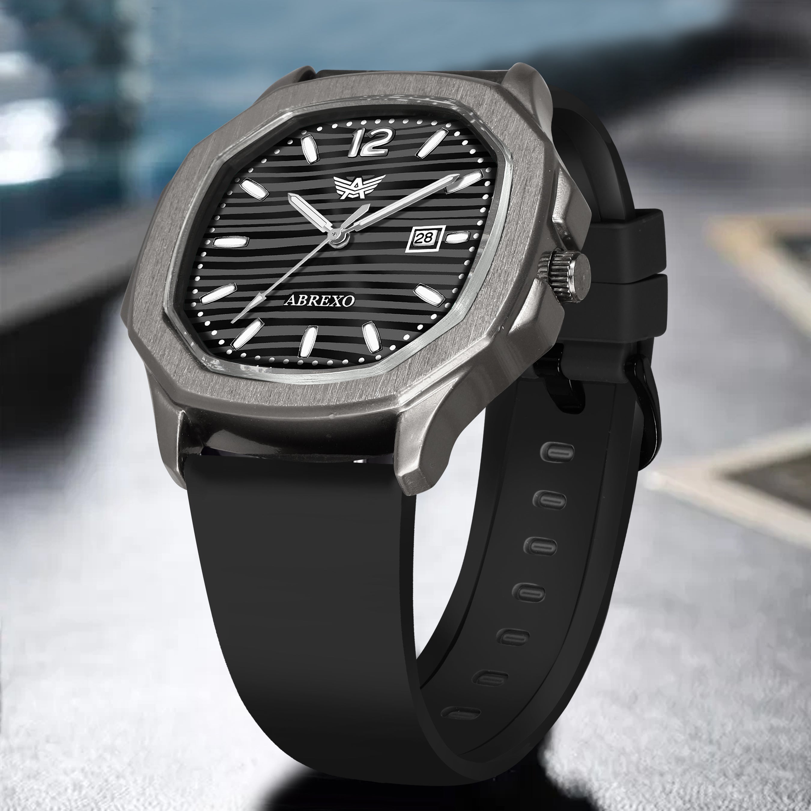 ABREXO Gun Metal Series Analog Watch For Men (Quartz, Silicone Strap, Black)