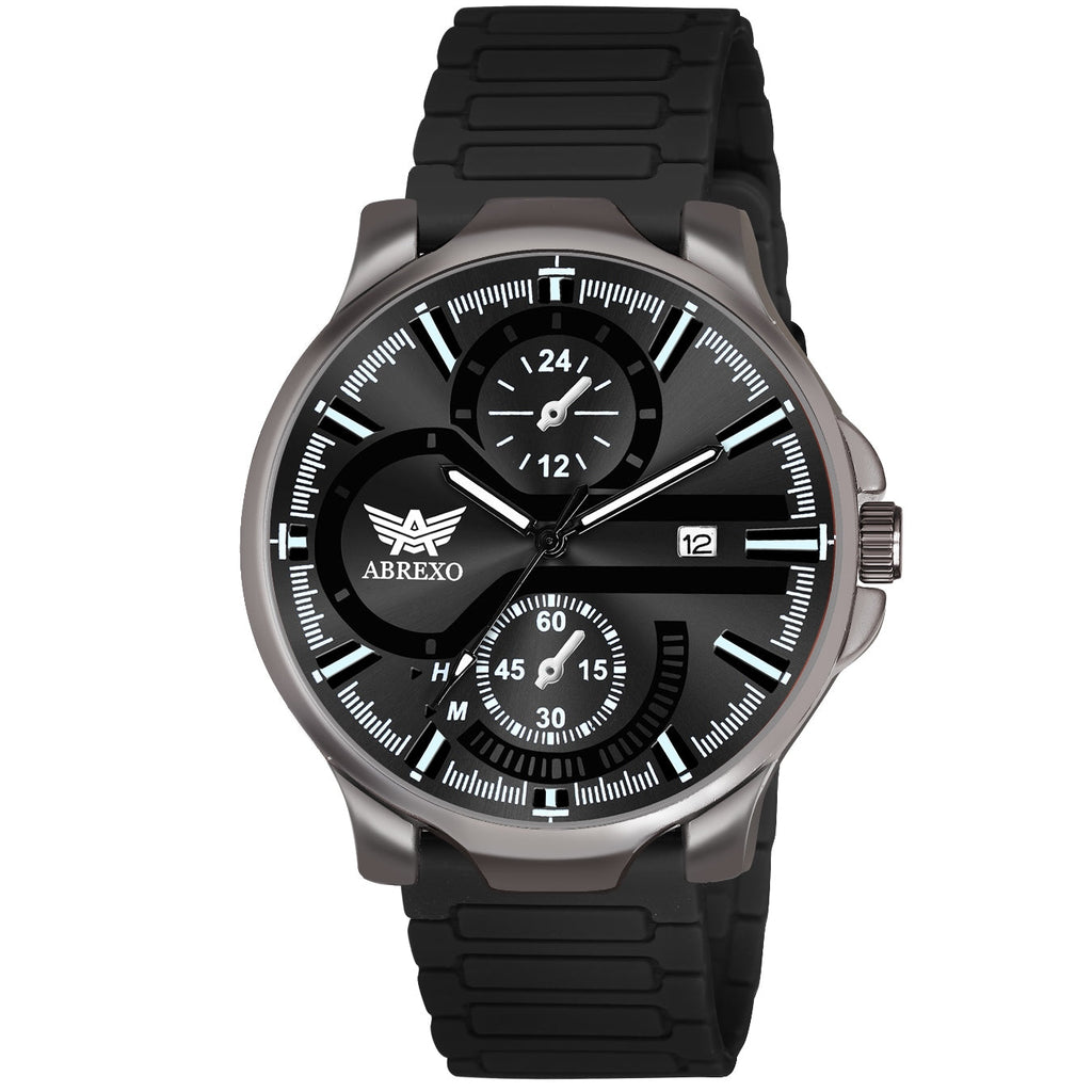 ABREXO,Gun Metal Magnetic Buckle Analog Watch For Men (Quartz, Silicone Strap, Black)
