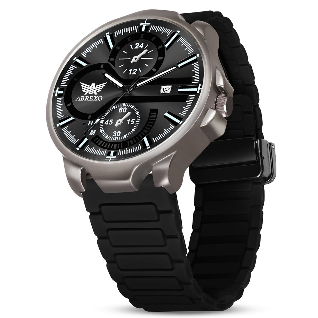 ABREXO,Gun Metal Magnetic Buckle Analog Watch For Men (Quartz, Silicone Strap, Black)