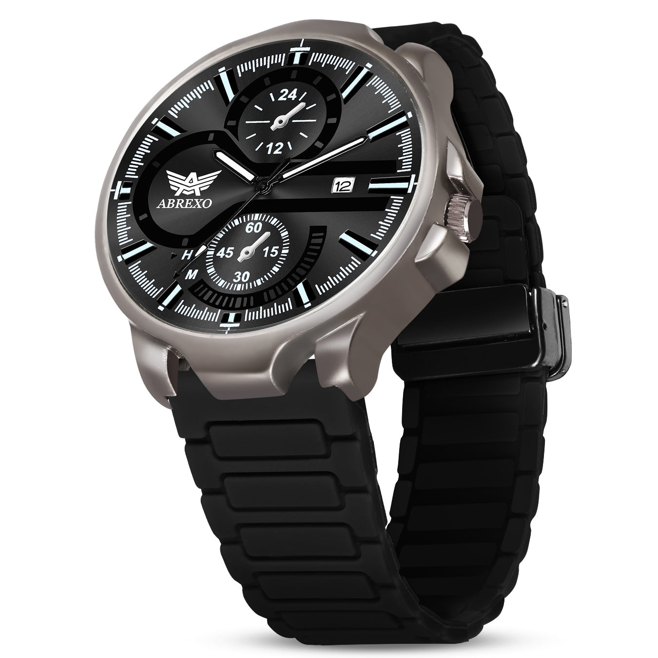ABREXO,Gun Metal Magnetic Buckle Analog Watch For Men (Quartz, Silicone Strap, Black)