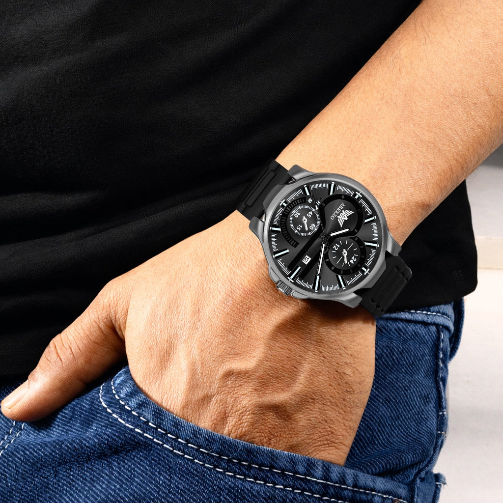 ABREXO,Gun Metal Magnetic Buckle Analog Watch For Men (Quartz, Silicone Strap, Black)