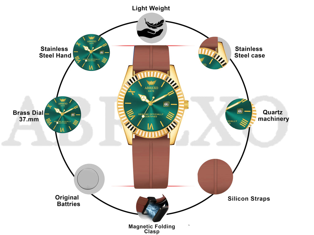ABREXO, TYCOON Series Date Working Analog Watch For Men (Quartz, Magnet Strap, Green, Gold)