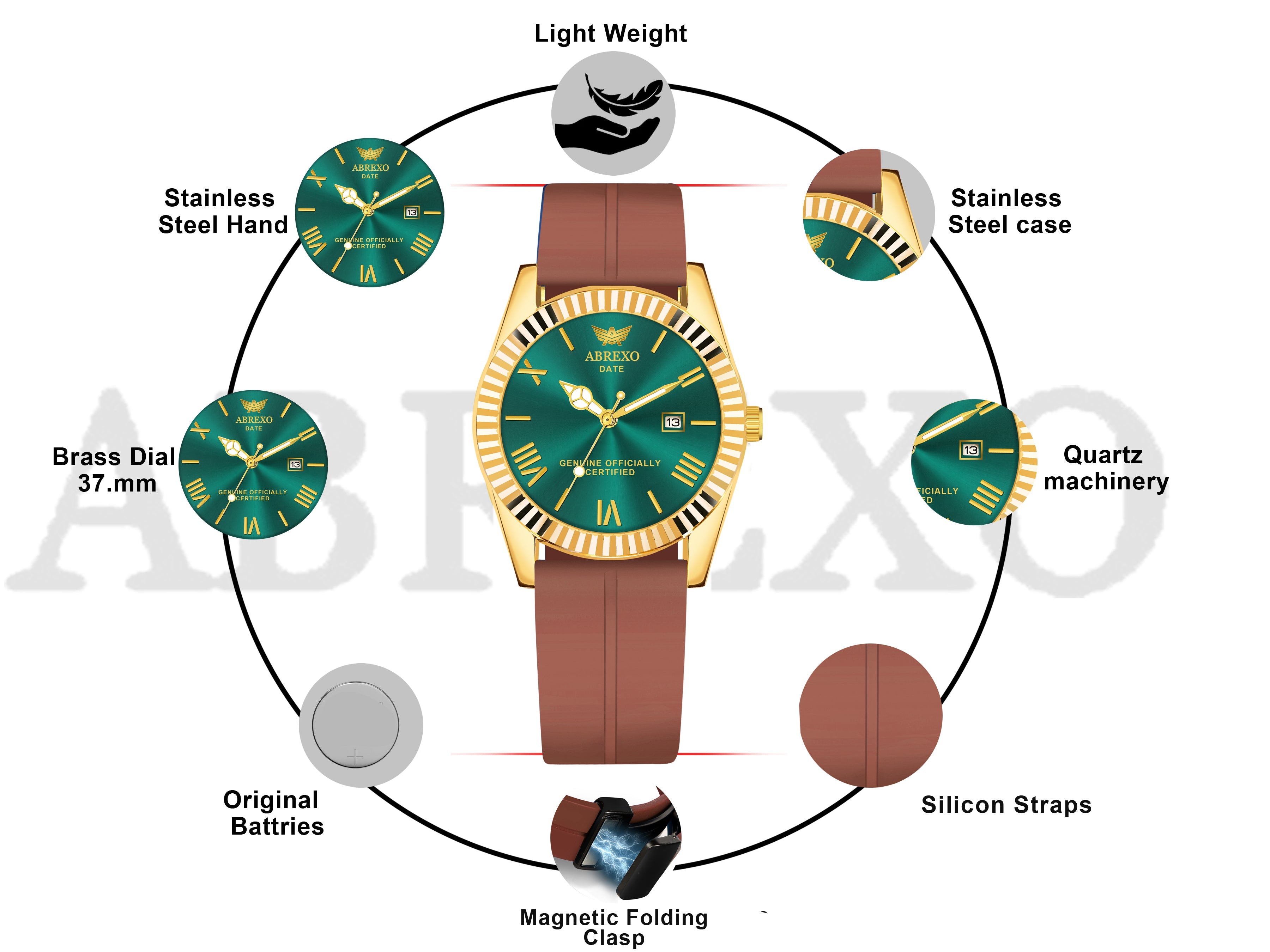 ABREXO, TYCOON Series Date Working Analog Watch For Men (Quartz, Magnet Strap, Green, Gold)