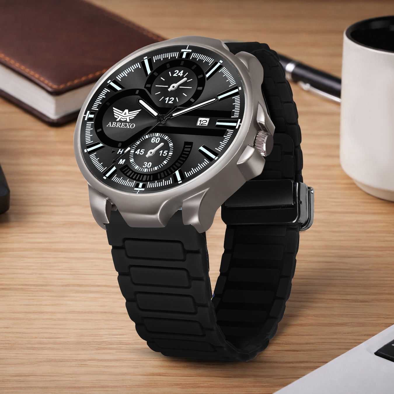ABREXO,Gun Metal Magnetic Buckle Analog Watch For Men (Quartz, Silicone Strap, Black)