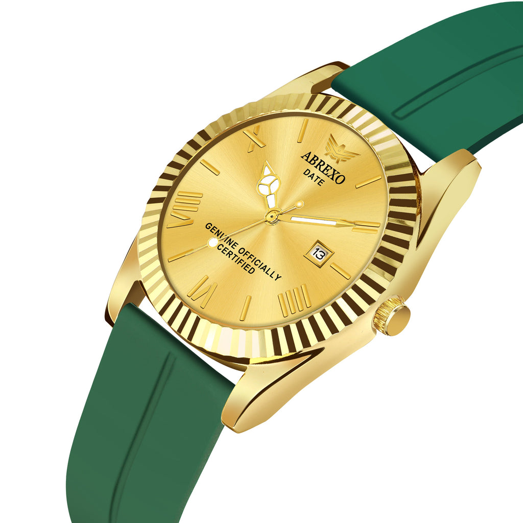 ABREXO, TYCOON Series Date Working Analog Watch For Men (Quartz, Magnet Strap, Green, Gold)