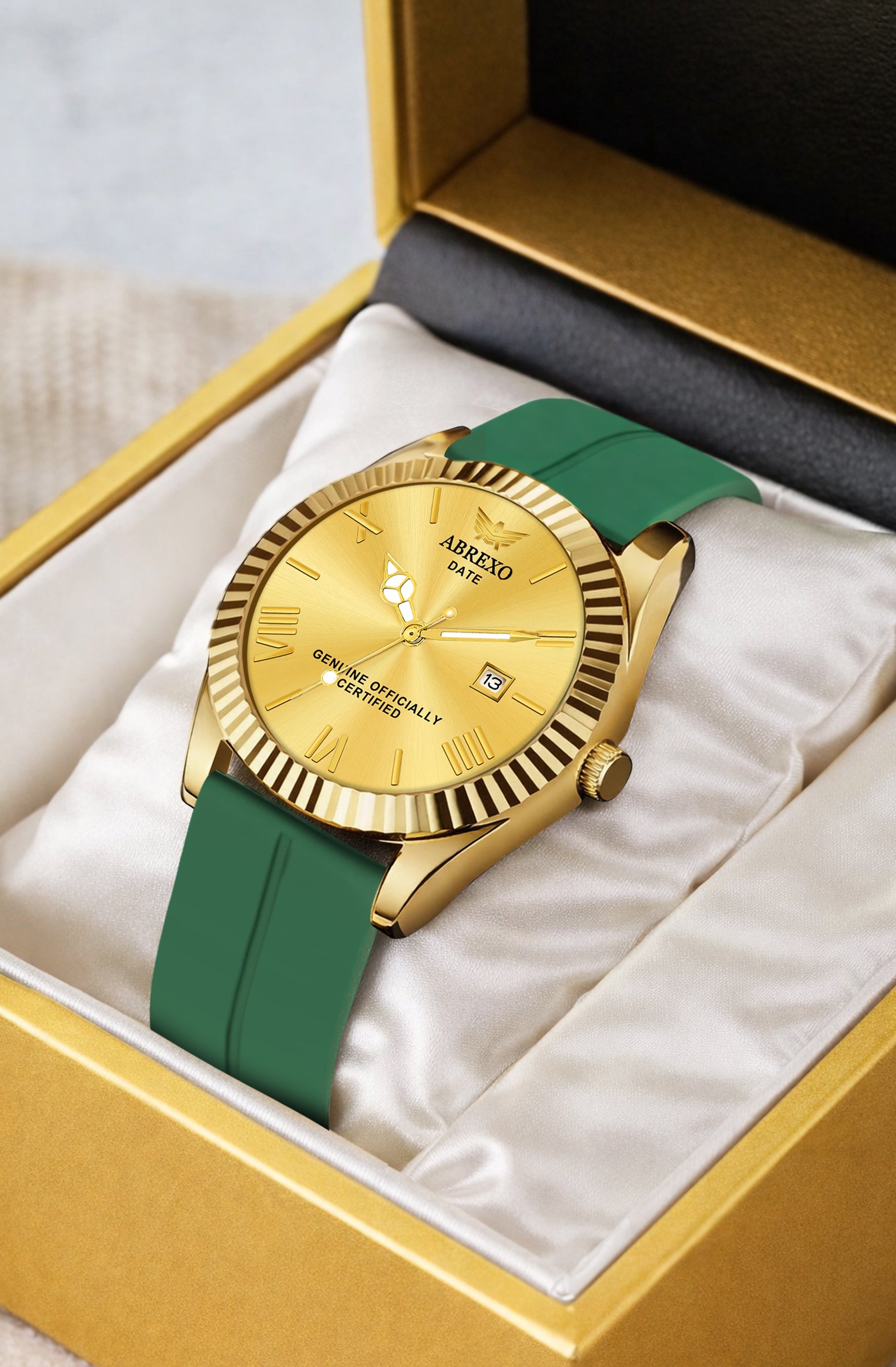 ABREXO, TYCOON Series Date Working Analog Watch For Men (Quartz, Magnet Strap, Green, Gold)