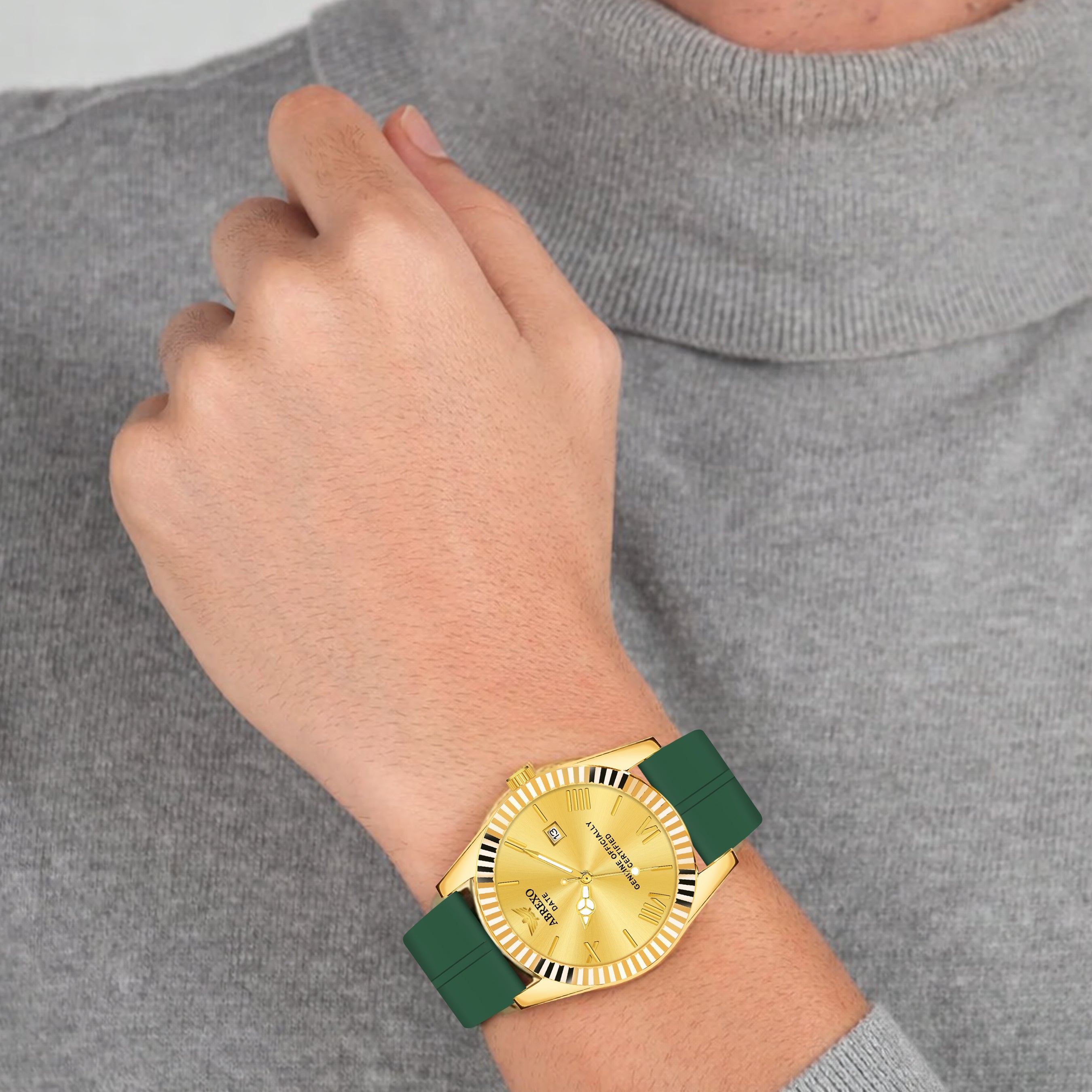 ABREXO, TYCOON Series Date Working Analog Watch For Men (Quartz, Magnet Strap, Green, Gold)