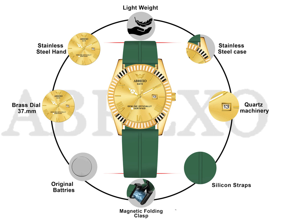 ABREXO, TYCOON Series Date Working Analog Watch For Men (Quartz, Magnet Strap, Green, Gold)