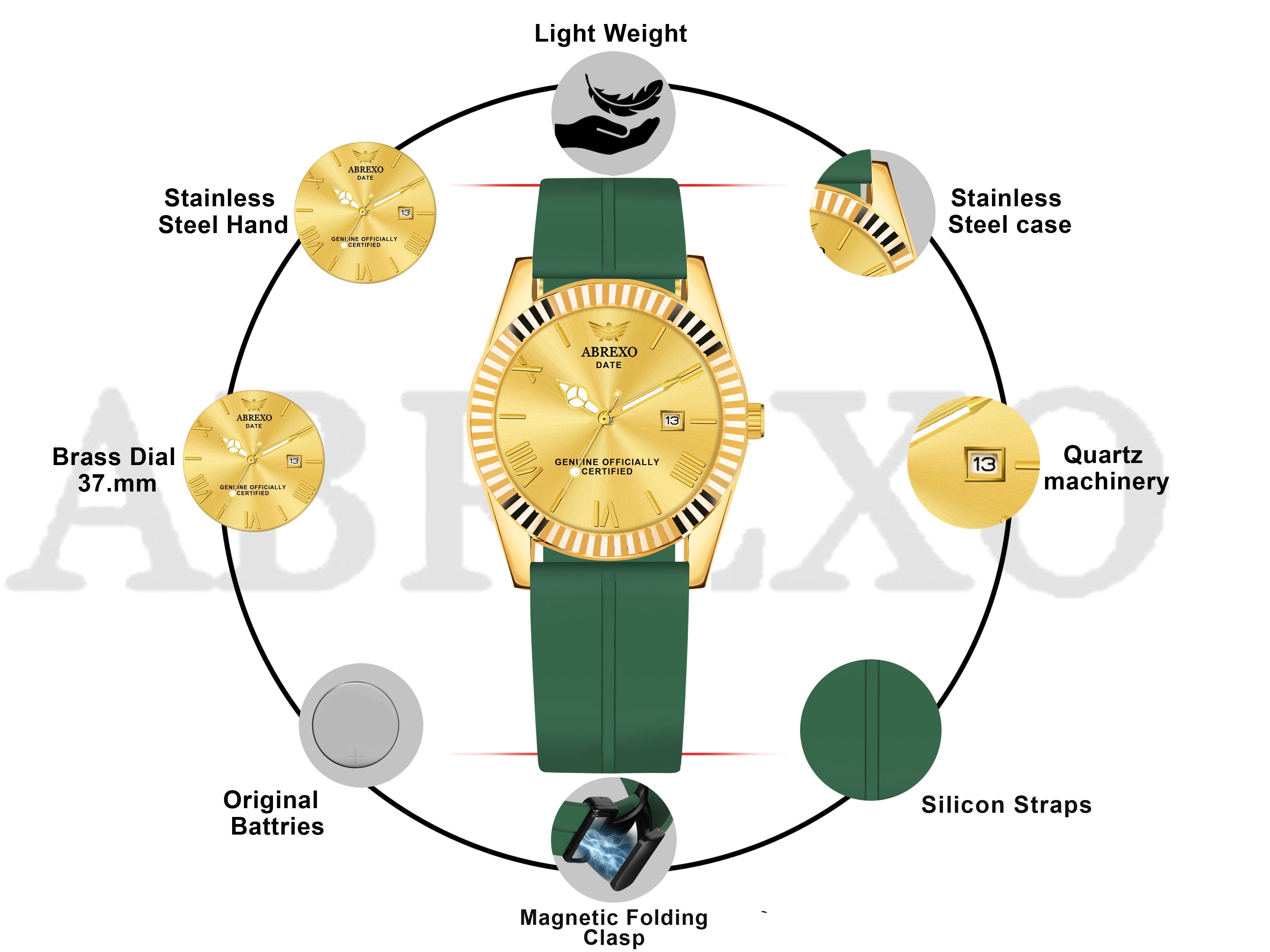 ABREXO, TYCOON Series Date Working Analog Watch For Men (Quartz, Magnet Strap, Green, Gold)