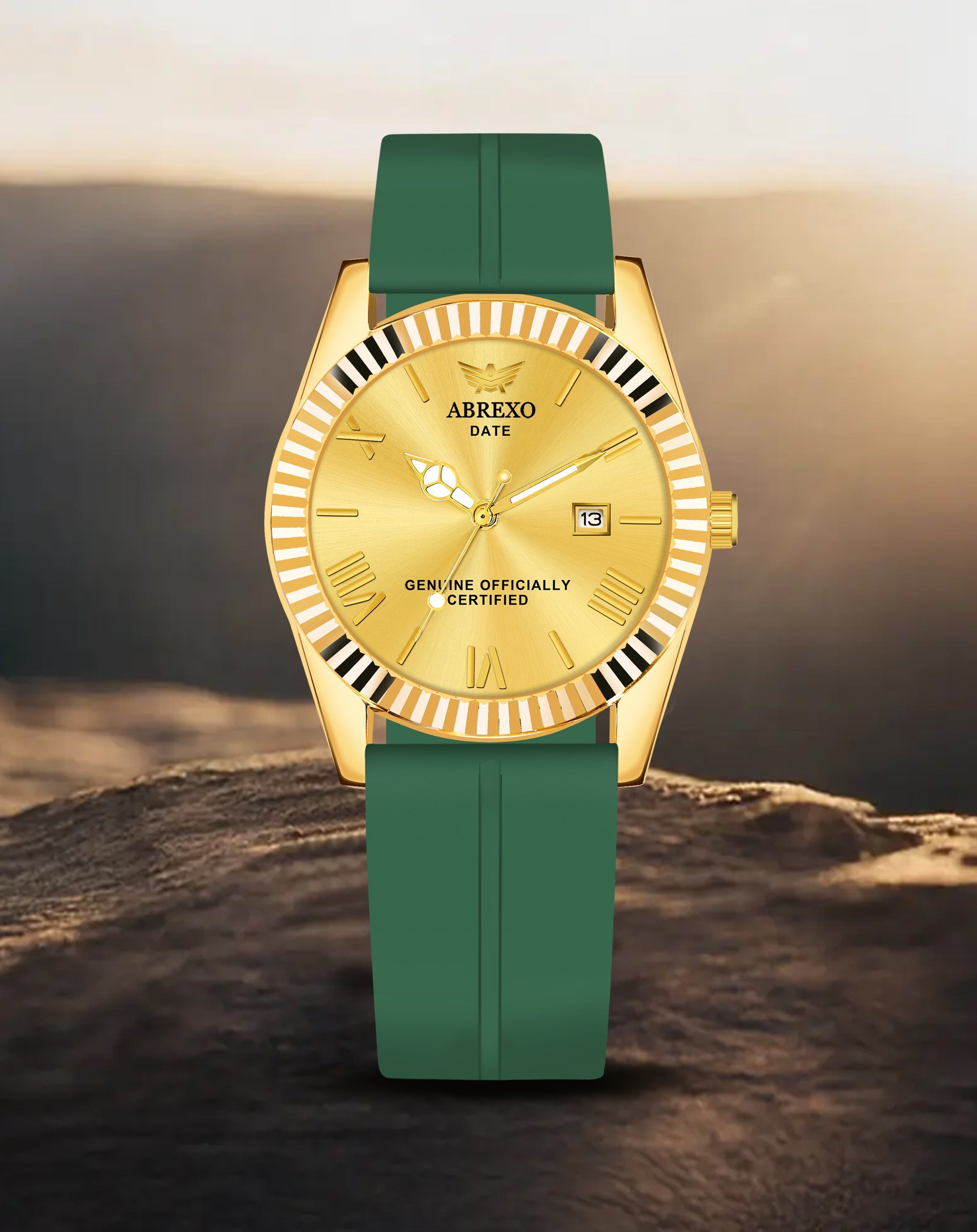 ABREXO, TYCOON Series Date Working Analog Watch For Men (Quartz, Magnet Strap, Green, Gold)