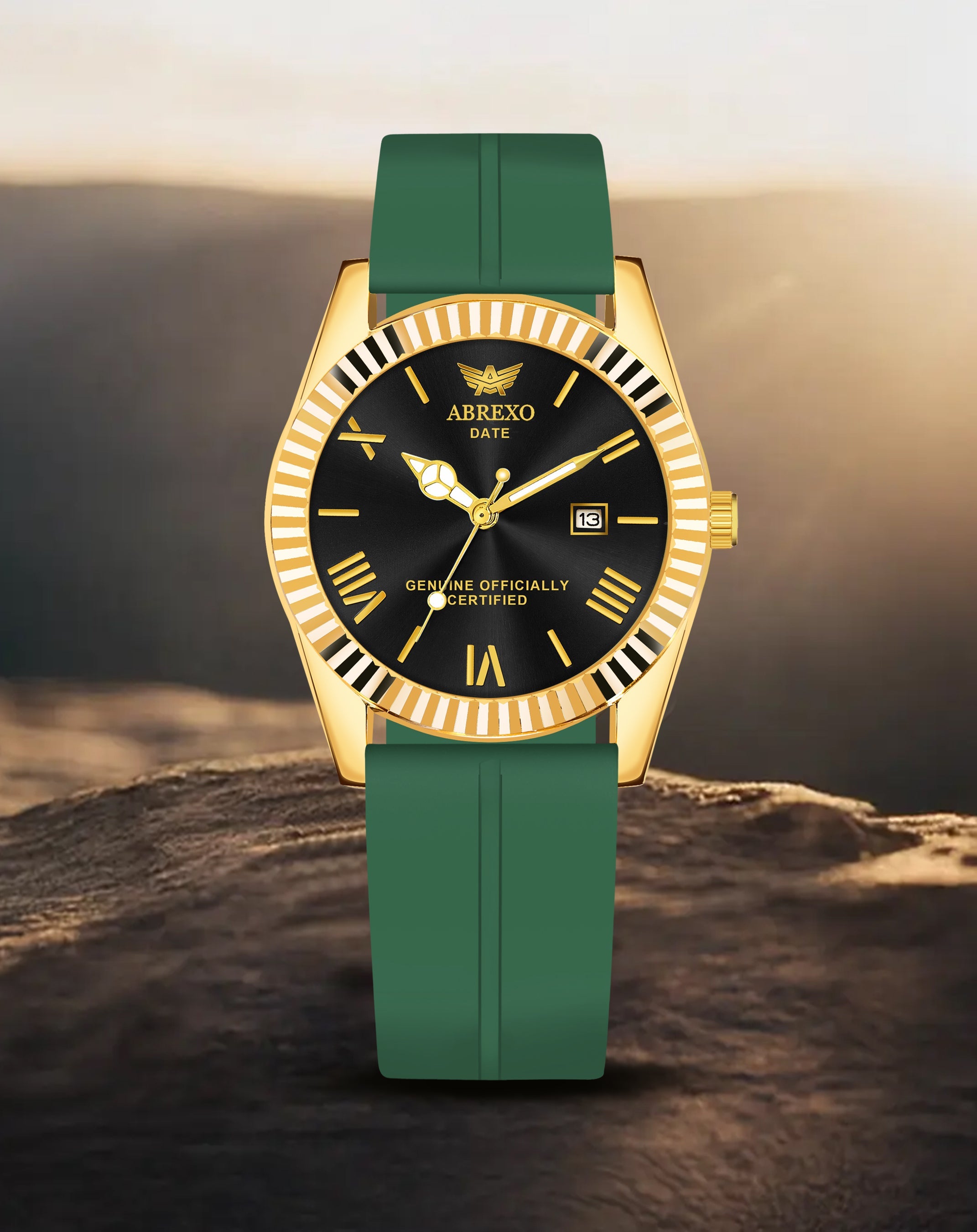 ABREXO, TYCOON Series Date Working Analog Watch For Men (Quartz, Magnet Strap, Green, Gold)