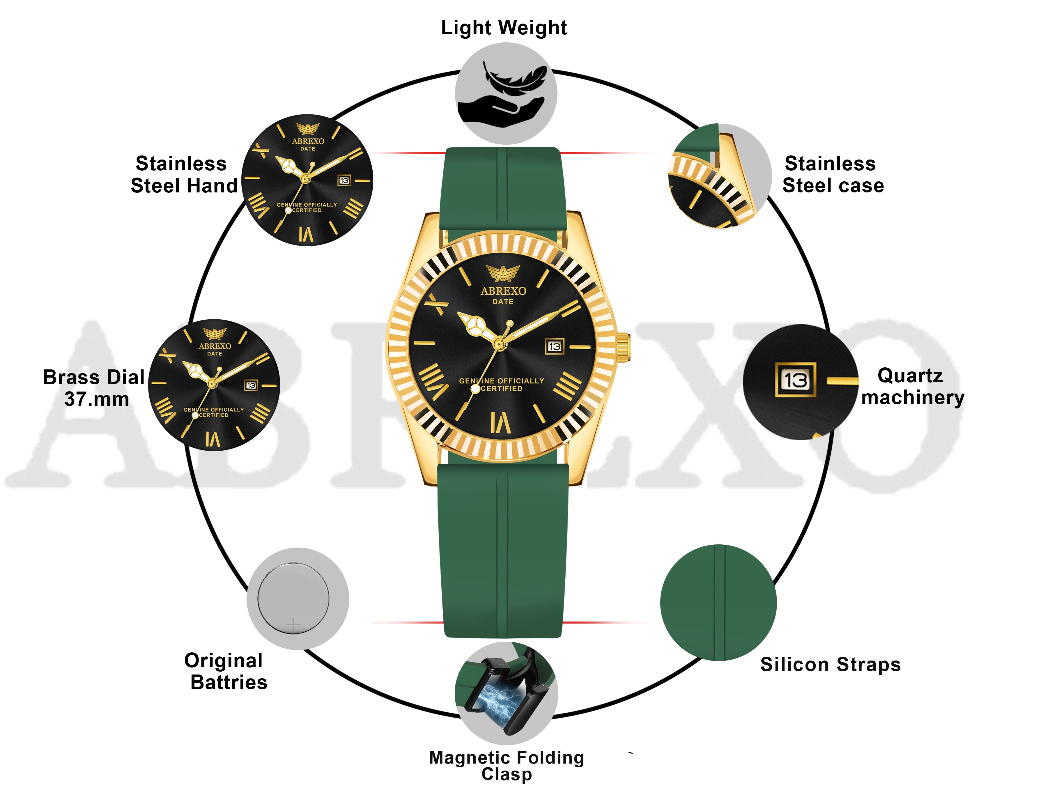 ABREXO, TYCOON Series Date Working Analog Watch For Men (Quartz, Magnet Strap, Green, Gold)