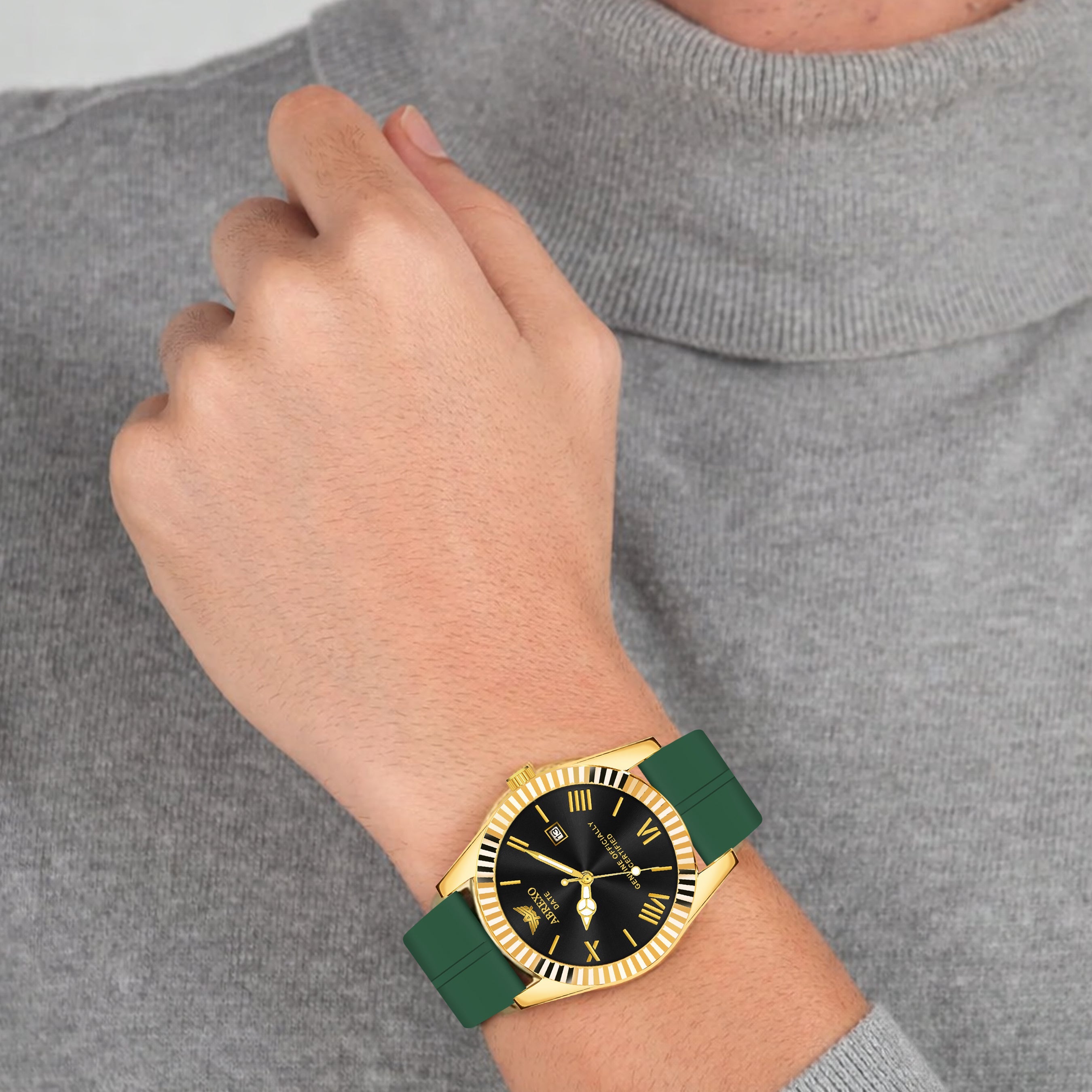 ABREXO, TYCOON Series Date Working Analog Watch For Men (Quartz, Magnet Strap, Green, Gold)