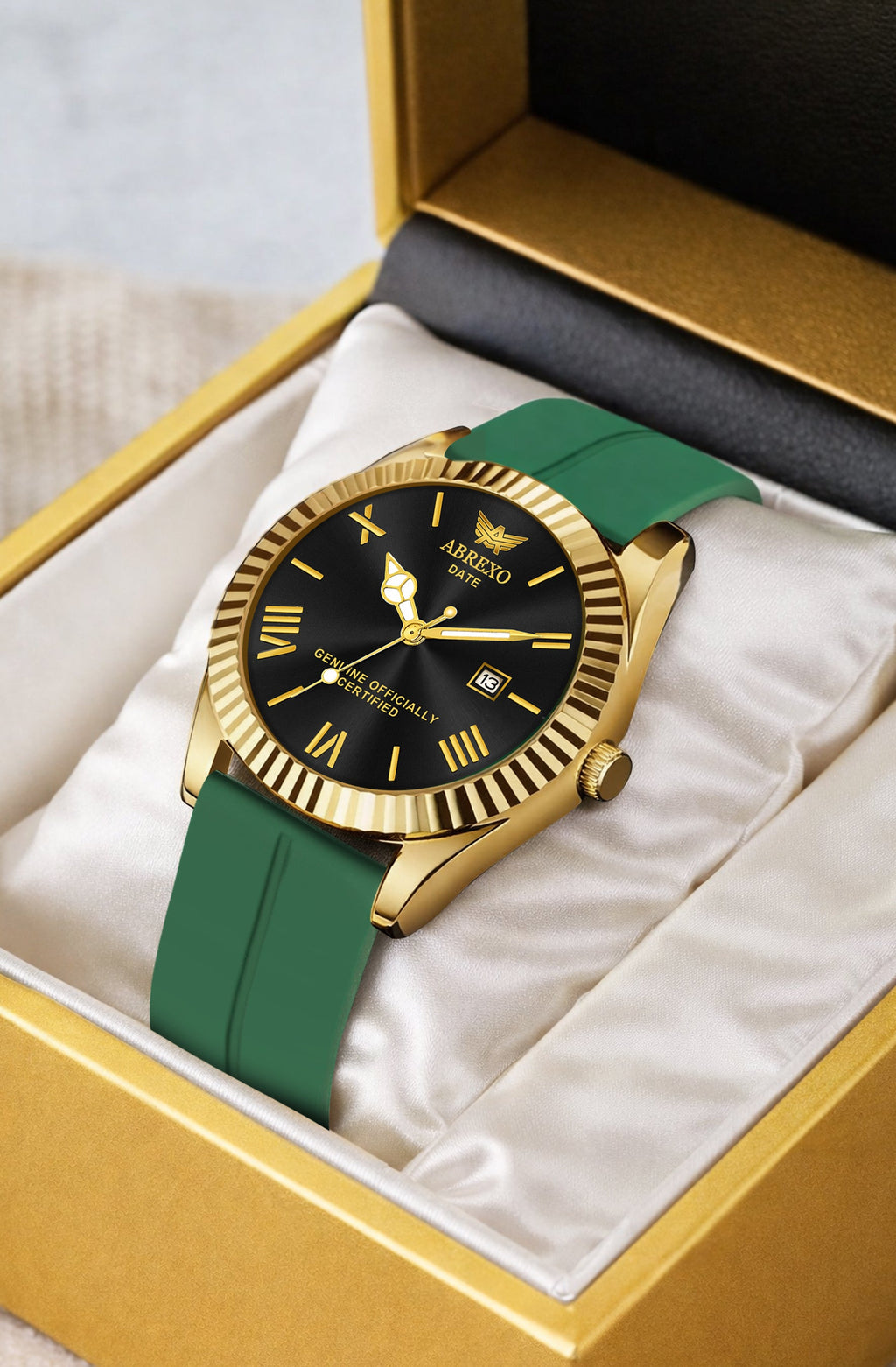 ABREXO, TYCOON Series Date Working Analog Watch For Men (Quartz, Magnet Strap, Green, Gold)
