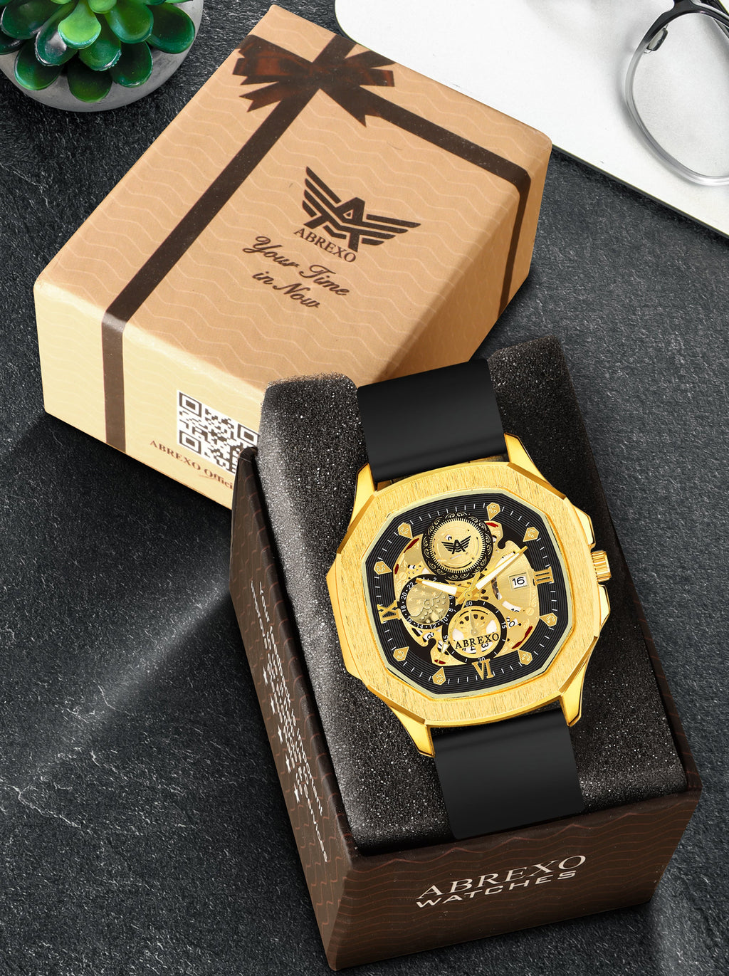 ABREXO, GODFATHER Series Analog Watch For Men (Quartz, Silicone Strap, Golden)