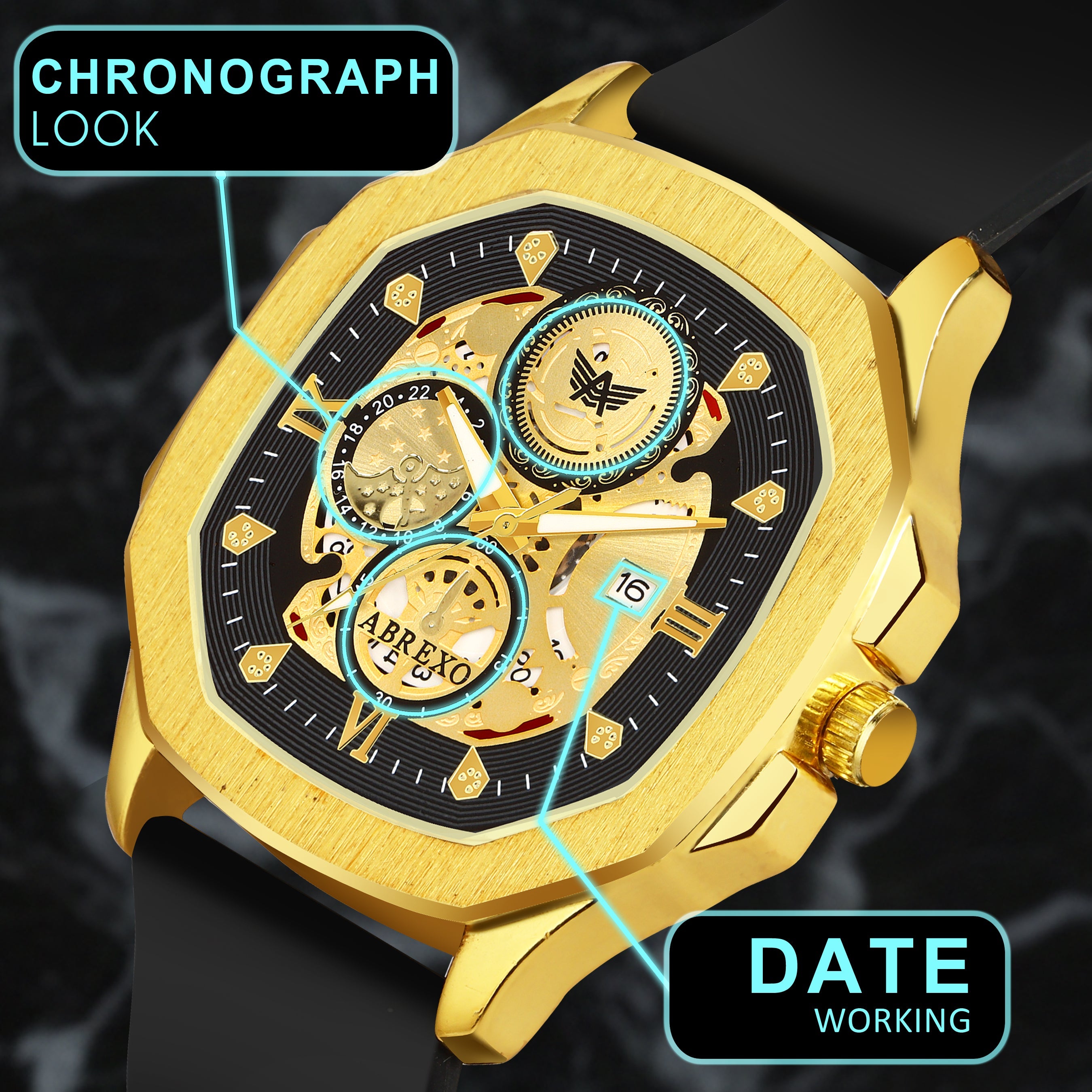 ABREXO, GODFATHER Series Analog Watch For Men (Quartz, Silicone Strap, Golden)