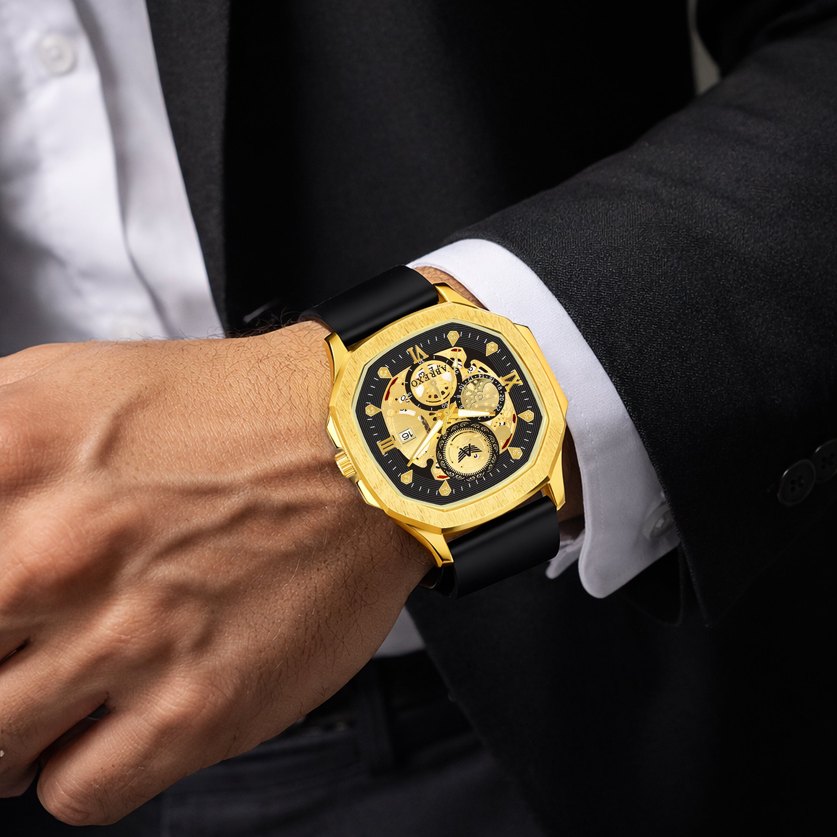ABREXO, GODFATHER Series Analog Watch For Men (Quartz, Silicone Strap, Golden)