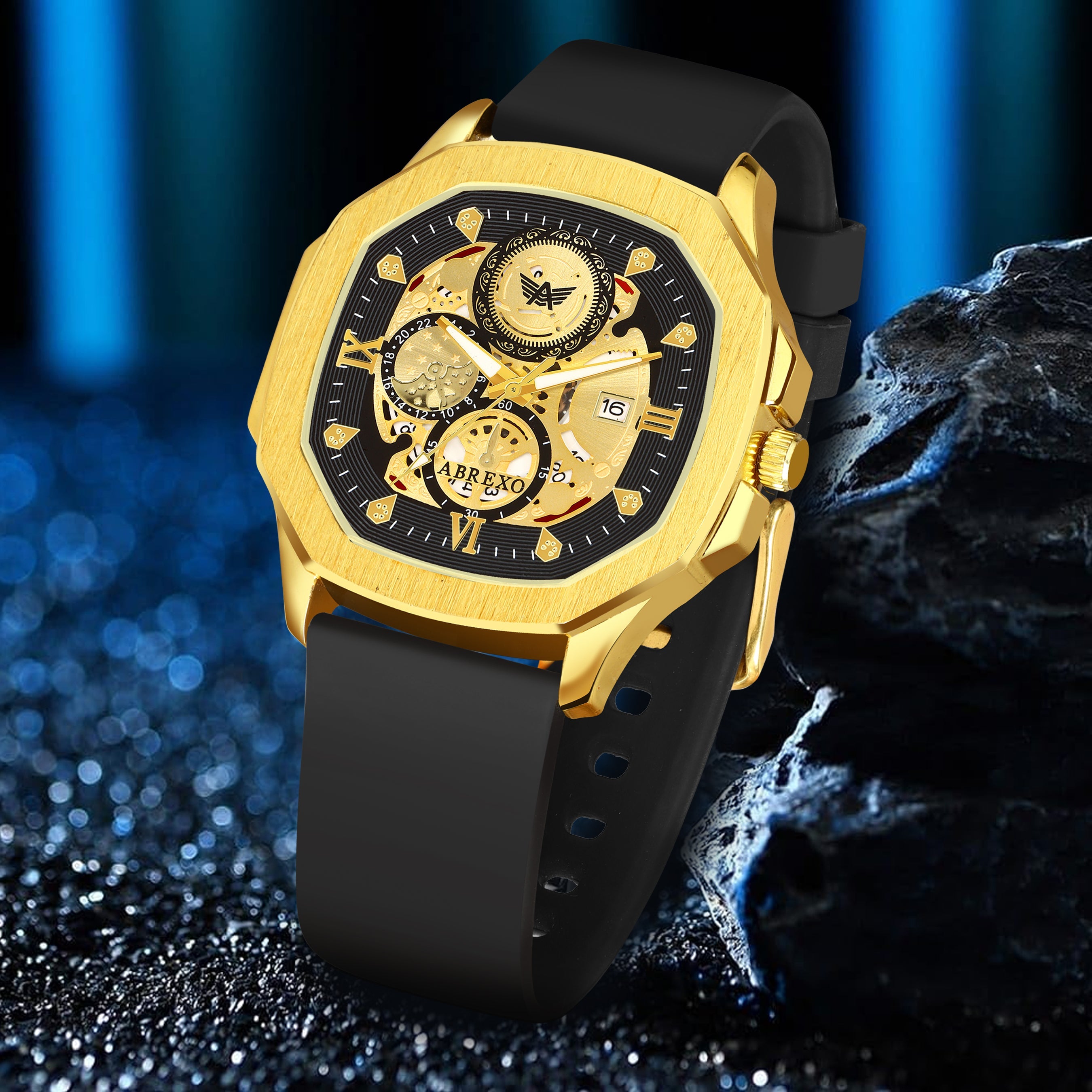 ABREXO, GODFATHER Series Analog Watch For Men (Quartz, Silicone Strap, Golden)